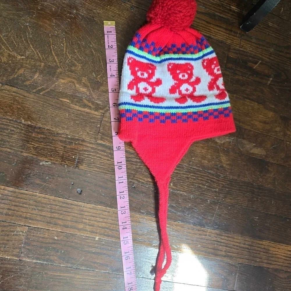 Vintage 80s West Hill Kids Red Knit Teddy Bear Pom Pom Ski Winter Hat